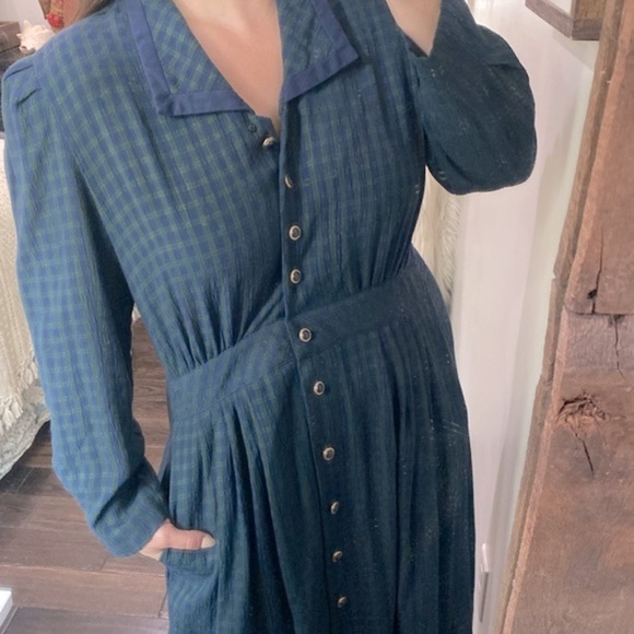 Vintage navy blue & green checkered collared dress size 14-16 with shoulder pads - Picture 4 of 9
